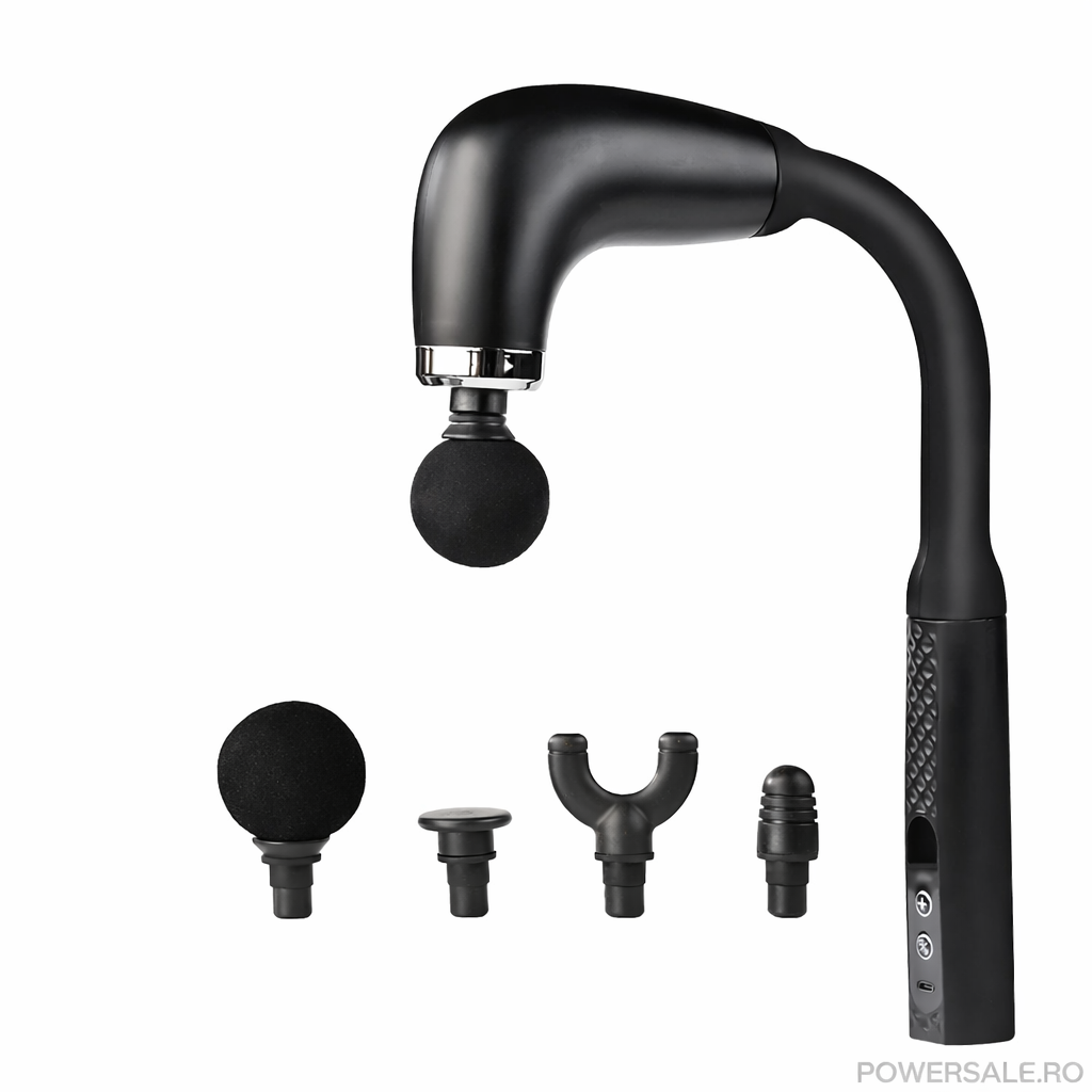 Aparat de Masaj Profesional Flexibil Forma L – 5 Viteze, 4 Capete Interchangeabile, USB-C, 10W – Masaj Muscular & Relaxare - Boomsale.ro