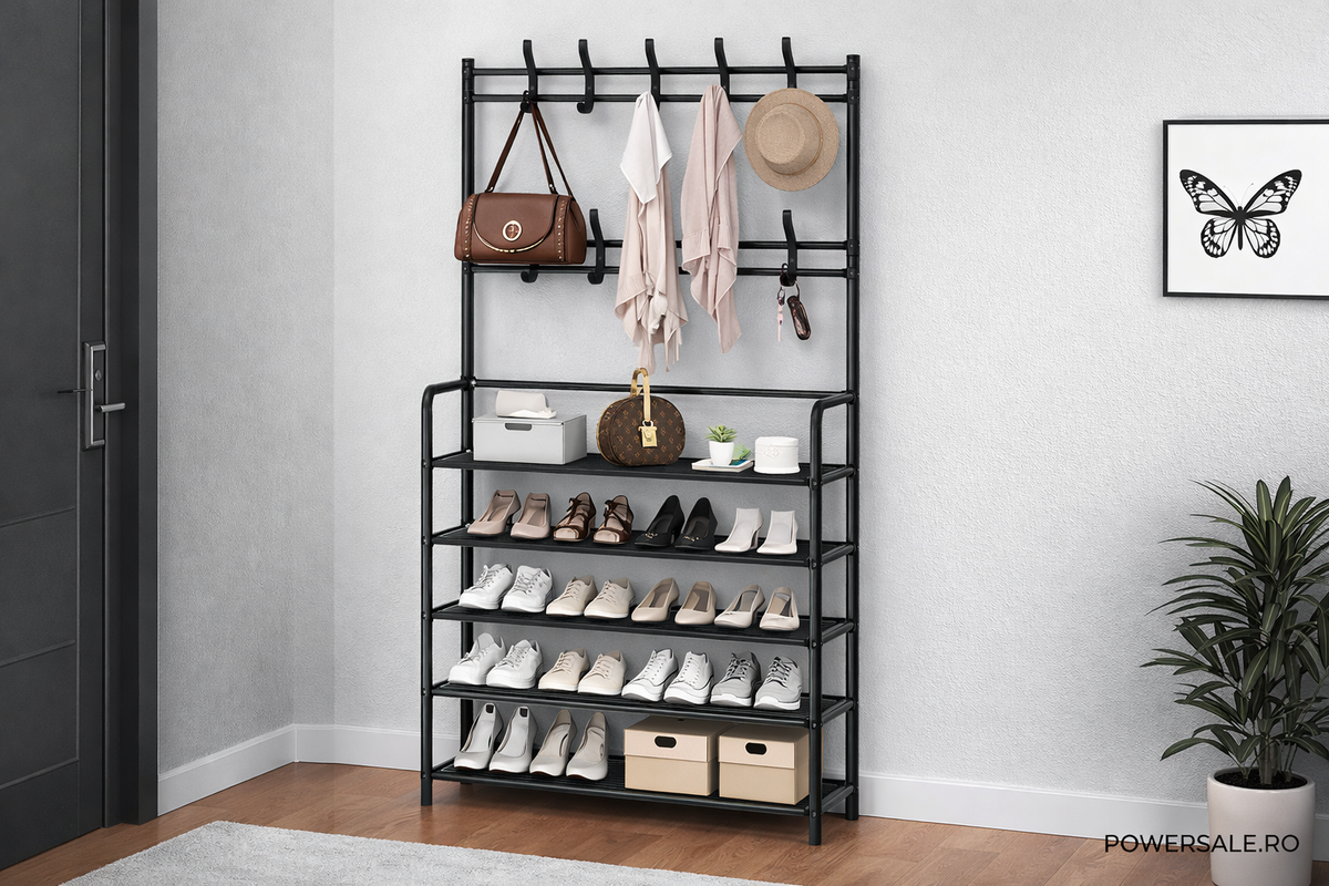Cuier metalic multifunctional cu pantofar, 4 rafturi spațioase – hol, living, organizator pentru incaltaminte si haine - Boomsale.ro