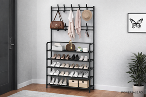Cuier metalic multifunctional cu pantofar, 4 rafturi spațioase – hol, living, organizator pentru incaltaminte si haine - Boomsale.ro
