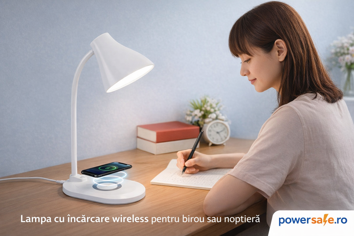 Lampă de birou LED cu încărcare wireless albă – iluminare practică pentru birou și noptieră - Boomsale.ro