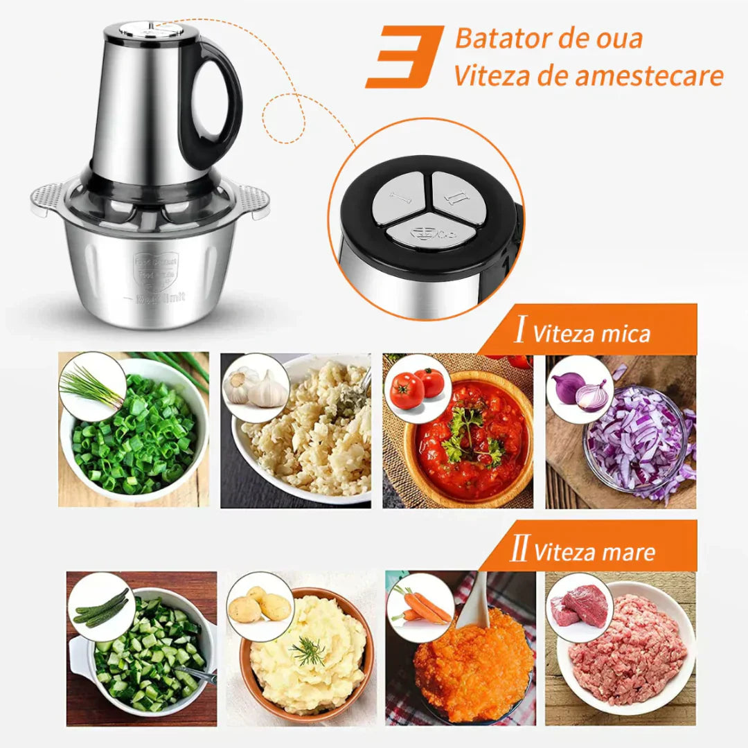 Tocator electric carne si legume, 4 lame inox, 2 viteze, capacitate mare, bol inox - Boomsale.ro