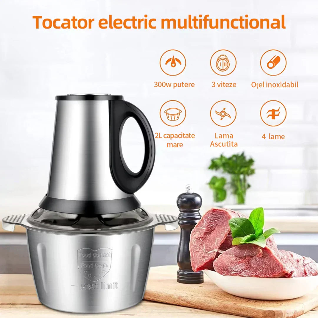 Tocator electric carne si legume, 4 lame inox, 2 viteze, capacitate mare, bol inox - Boomsale.ro