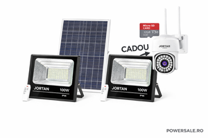 Set 2 Proiectoare Solare JORTAN 100W IP66 + CADOU Cameră Supraveghere Jortan 1080P WiFi cu Card 32GB Inclus - Boomsale.ro