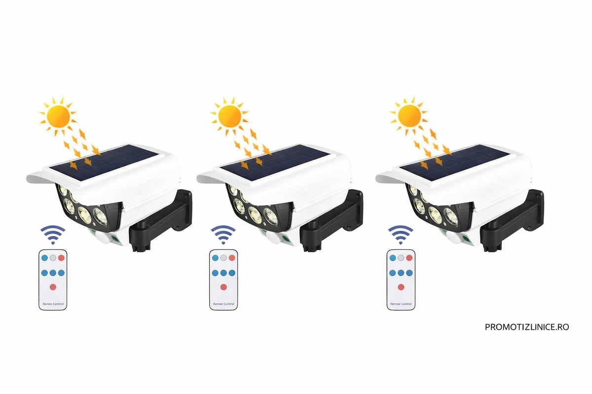 Set 3x Cameră falsă solară cu panou solar + 77 LED + senzor de mișcare – design realist, ideal exterior - Boomsale.ro