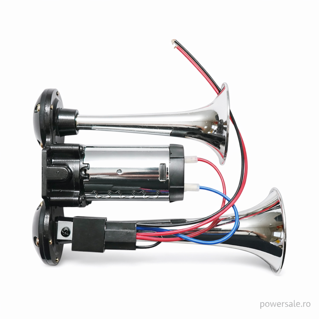 Claxon auto premium cromat cu doua goarne, compresor inclus, 12V - Boomsale.ro