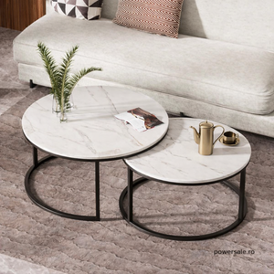 Set 2 Măsuțe de Cafea Rotunde cu Efect Marmură – Blat MDF Premium, Cadru Metalic Negru, Design Modern pentru Living - Boomsale.ro