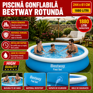Piscina Gonflabila Bestway Fast Set Rotunda 244 x 61 cm, Capacitate 1880 Litri, Montaj Rapid, Albastra - Boomsale.ro