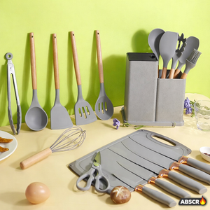 Set ustensile bucatarie 19 piese din silicon alimentar si lemn, rezistente la caldura, cu suport depozitare si tocator inclus - Boomsale.ro