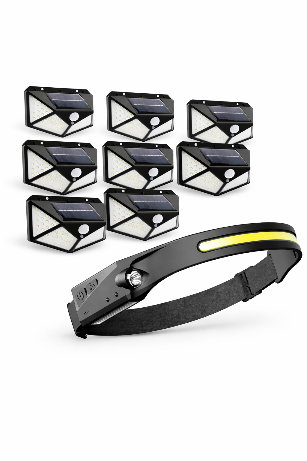 Set 8 Lampi solare 100 LED, cu senzor de miscare + Lanterna de cap cadou - Boomsale.ro