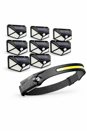Set 8 Lampi solare 100 LED, cu senzor de miscare + Lanterna de cap cadou - Boomsale.ro