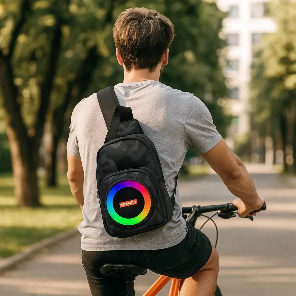 Boxă portabilă tip rucsac, Bluetooth 5.0, lumini RGB, FM, TWS, power bank - Boomsale.ro
