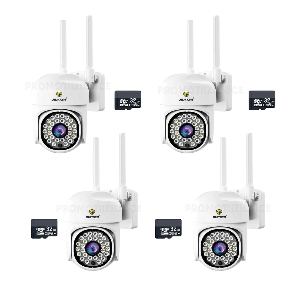 Set 4 Camere Supraveghere WIFI Jortan + 4 Carduri 32GB, 360° Rotire, Detectie Umana, Vedere Noapte Color, Sirena, IP66 - Boomsale.ro