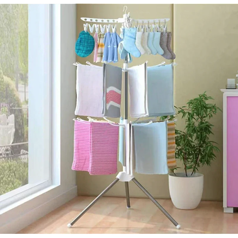 Uscator de rufe vertical, cu 3 niveluri rotative, 1 nivel cu clesti, pliabil, uscor de depozitat, din metal si plastic, alb/argintiu - Boomsale.ro
