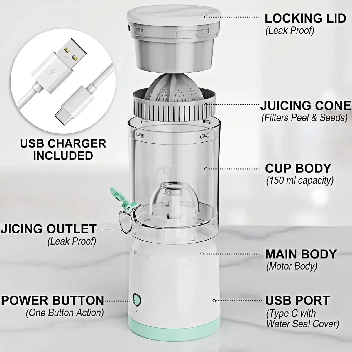 Storcător portabil electric pentru citrice, USB, 45W - Boomsale.ro