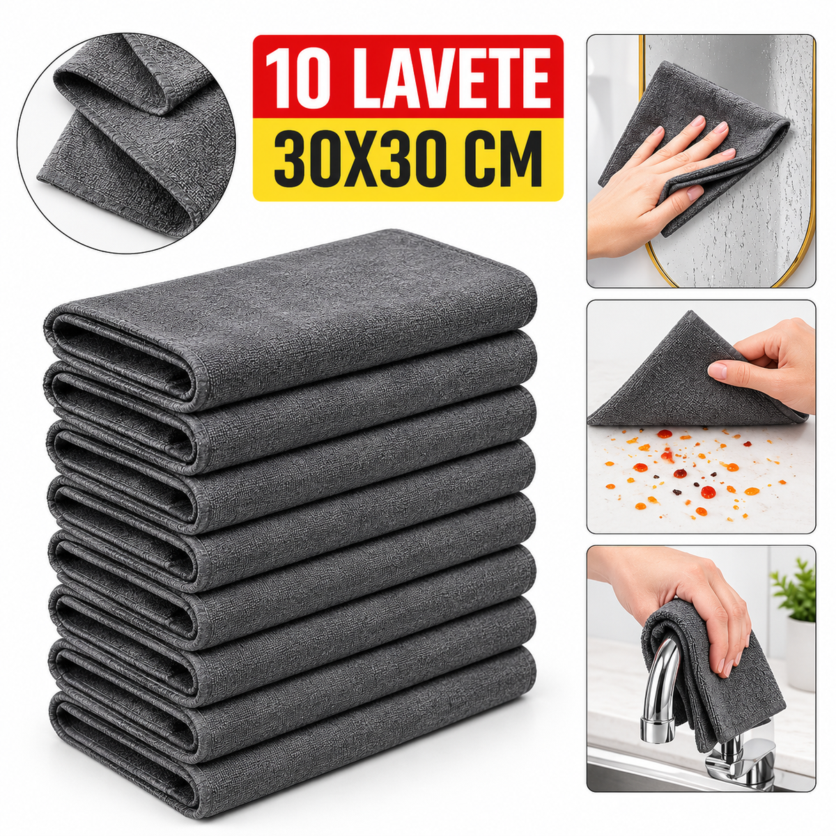 Set 10 Lavete Magice din Microfibra 30x30 cm – Curatare Fara Scame si Zgarieturi, Ultra Absorbante, Reutilizabile
