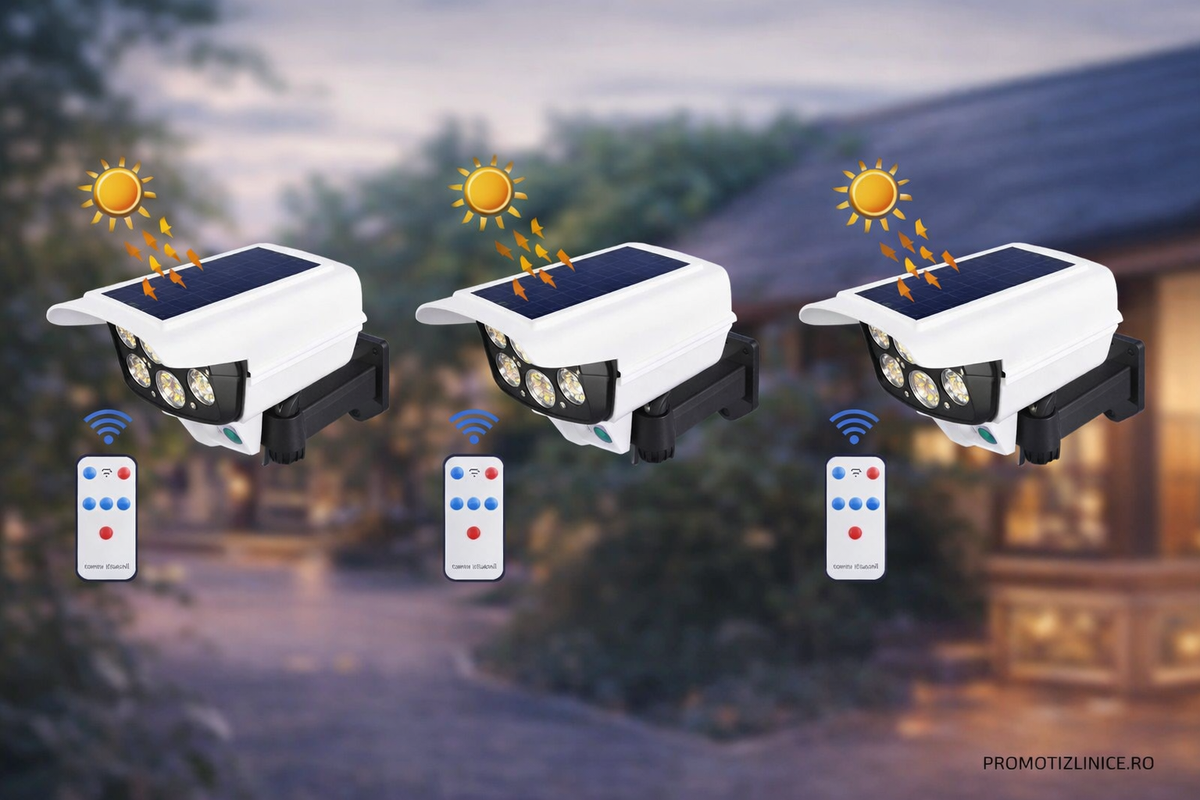 Set 3x Cameră falsă solară cu panou solar + 77 LED + senzor de mișcare – design realist, ideal exterior - Boomsale.ro