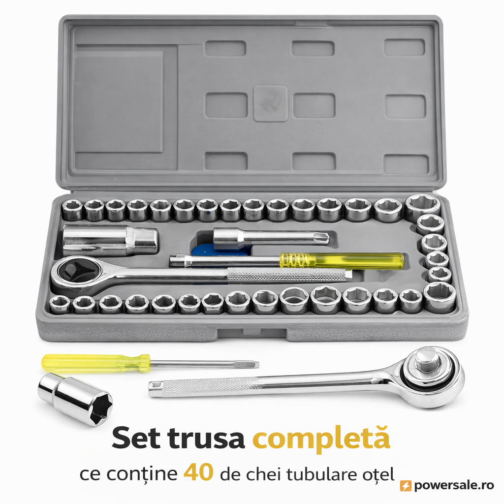 Set scule complet pentru casa si atelier – Trusa 40 chei tubulare din otel + Surubelnita electrica cu 45 accesorii - Boomsale.ro
