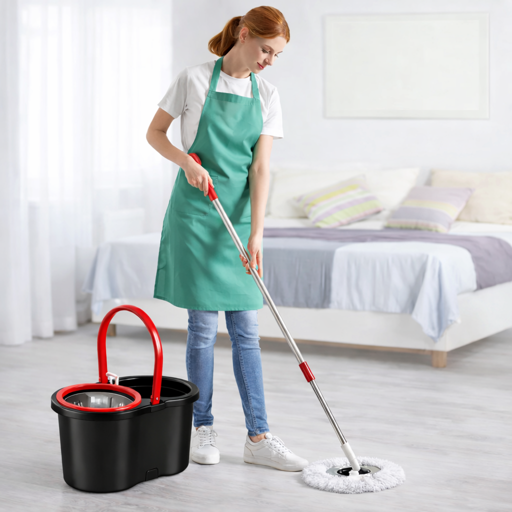 Set Mop Rotativ 360° cu Galeata Dubla, Maner Inox si 5 Rezerve Microfibra - Boomsale.ro
