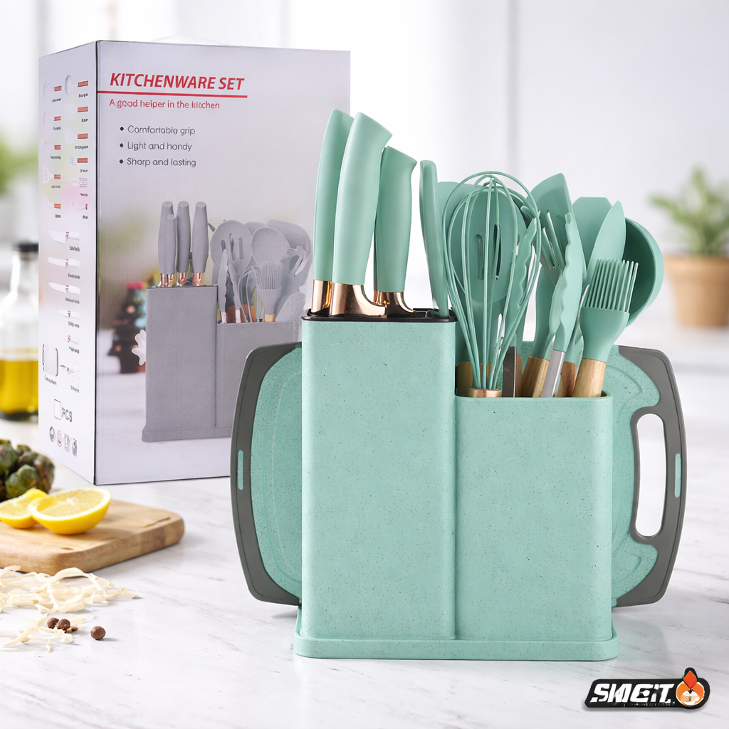 Set ustensile bucatarie 19 piese din silicon alimentar si lemn, rezistente la caldura, cu suport depozitare si tocator inclus - Boomsale.ro