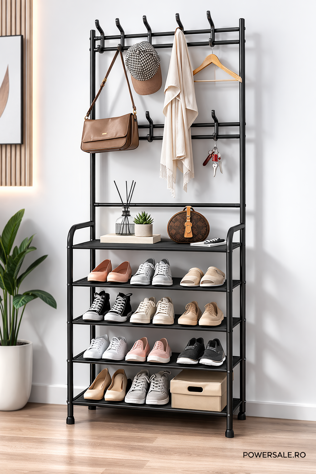 Cuier metalic multifunctional cu pantofar, 4 rafturi spațioase – hol, living, organizator pentru incaltaminte si haine - Boomsale.ro