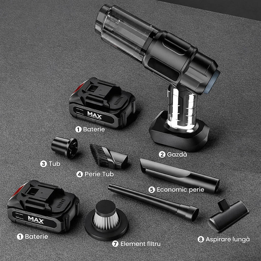 Aspirator Auto 6 in 1 Fara Fir, pentru Casa, Masina, Calculator, Birou, Putere 150W, Eficienta Mare, Functii de Aspirare, Suflare, Vidare, Filtru HEPA, Perie Detailing, Negru - Boomsale.ro