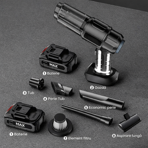 Aspirator Auto 6 in 1 Fara Fir, pentru Casa, Masina, Calculator, Birou, Putere 150W, Eficienta Mare, Functii de Aspirare, Suflare, Vidare, Filtru HEPA, Perie Detailing, Negru - Boomsale.ro