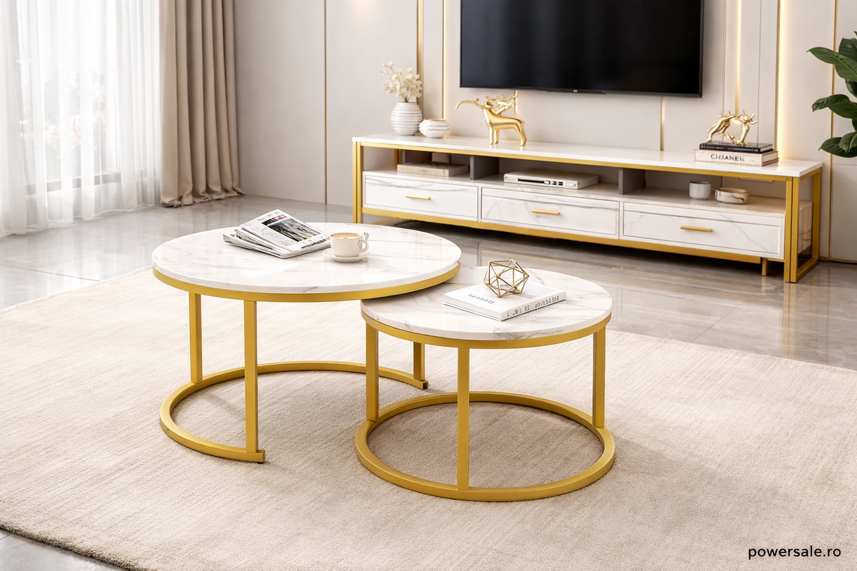 Set 2 masute de cafea rotunde cu efect marmura – Blat MDF + Cadru metalic auriu - Boomsale.ro