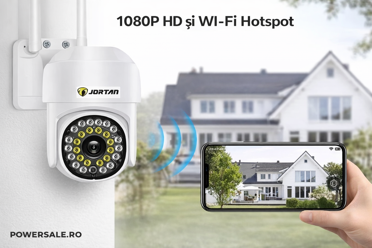 Set 2 Proiectoare Solare JORTAN 100W IP66 + CADOU Cameră Supraveghere Jortan 1080P WiFi cu Card 32GB Inclus - Boomsale.ro