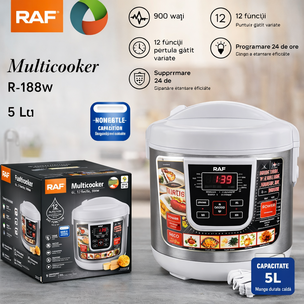 Oală multicooker RAF R166W 5L, 900W, 12 programe, afișaj digital, multifuncțională, alb - Boomsale.ro