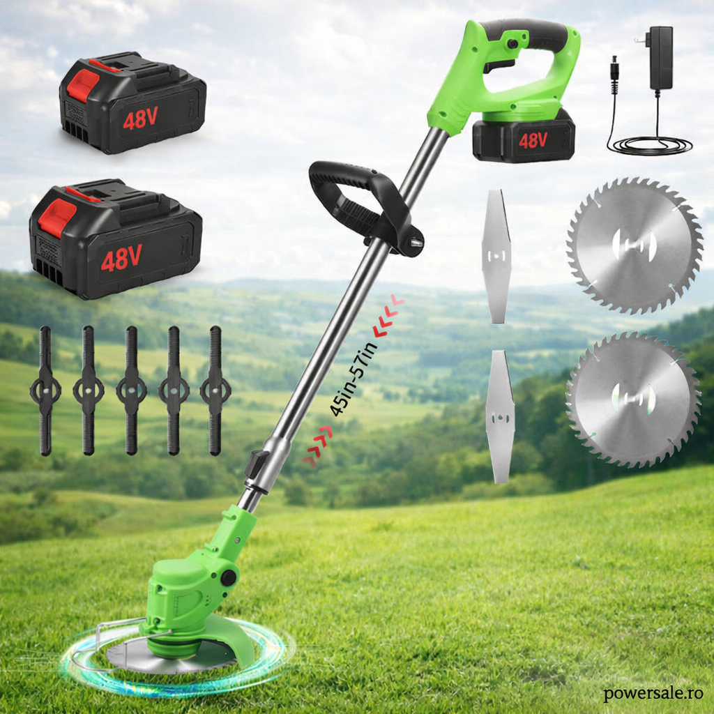 Motocoasă Electrică cu Acumulator 48V 4000 mAh, 20.000 RPM, Braț Reglabil, Autonomie 4 Ore + CADOU Mănuși Protecție - Boomsale.ro