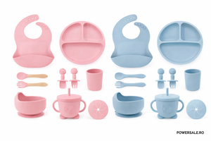 Set 10 piese hranire bebelusi din silicon alimentar – Set diversificare complet cu baveta reglabila - Boomsale.ro