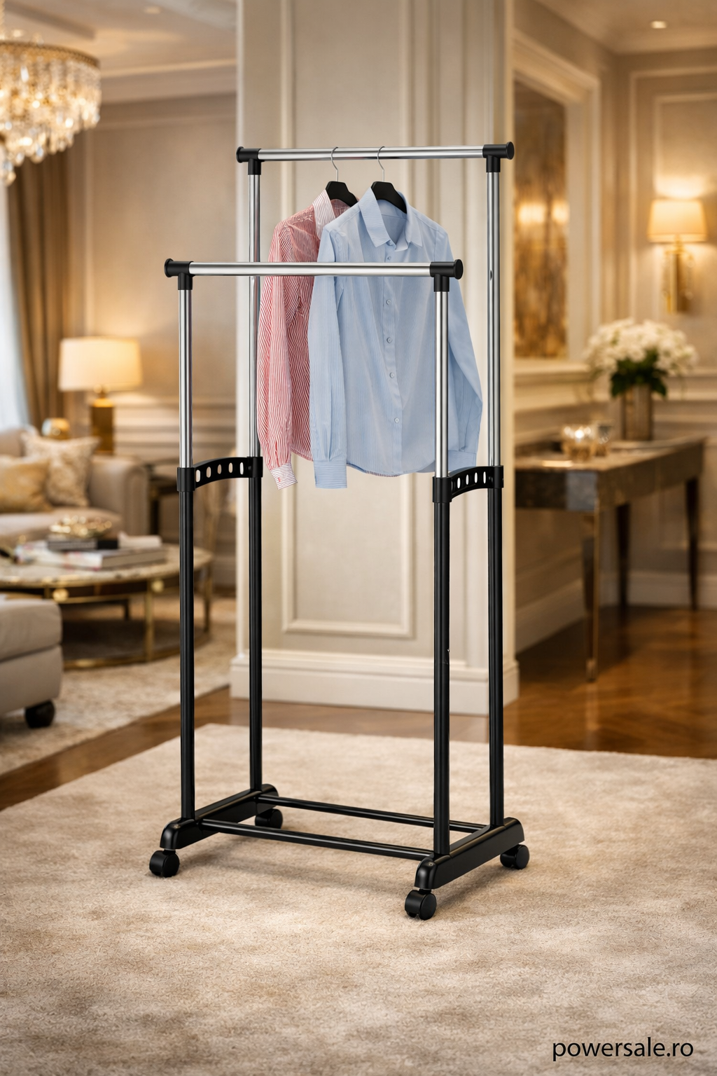Stender Haine Metalic Dublu cu Înălțime Reglabilă 100-170 cm, cu Roți – Suport pentru Umerașe, Organizator Haine pentru Dormitor sau Dressing - Boomsale.ro
