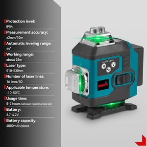 Nivela laser 4D, 16 linii, cu telecomanda, cu 2 baterii, albastru/negru - Boomsale.ro