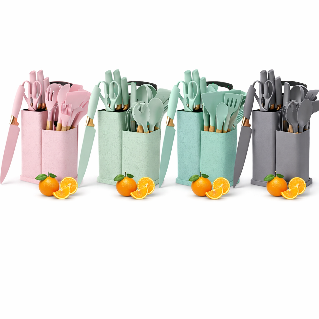 Set ustensile bucatarie 19 piese din silicon alimentar si lemn, rezistente la caldura, cu suport depozitare si tocator inclus - Boomsale.ro