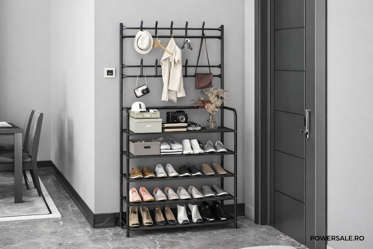 Cuier metalic multifunctional cu pantofar, 4 rafturi spațioase – hol, living, organizator pentru incaltaminte si haine - Boomsale.ro