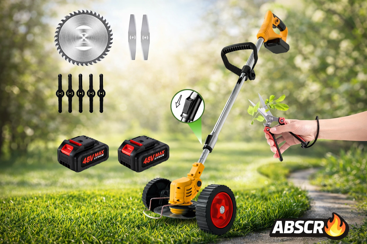 Motocoasă Electrică cu 2 Acumulatori 48V 4000 mAh, 18000 RPM, cu Roți Detasabile, Disc + 2 Lame + 5 Palete Incluse – Trimmer Profesional Iarbă și Buruieni - Boomsale.ro