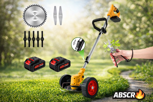 Motocoasă Electrică cu 2 Acumulatori 48V 4000 mAh, 18000 RPM, cu Roți Detasabile, Disc + 2 Lame + 5 Palete Incluse – Trimmer Profesional Iarbă și Buruieni - Boomsale.ro