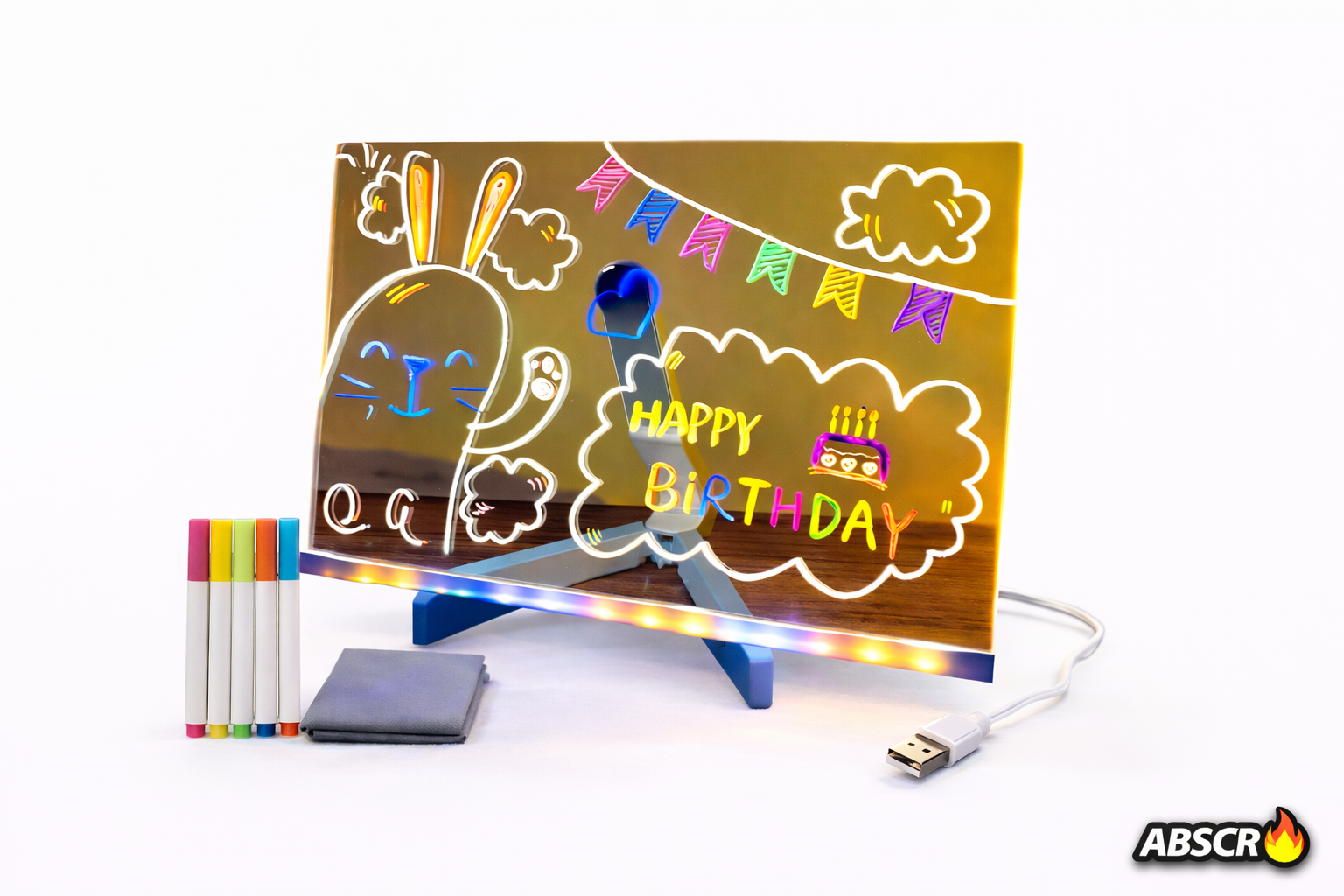 Tabla acrilica luminata LED, pentru desen si scriere, suport reglabil, 7 carioci colorate, laveta inclusa, alimentare USB, 30 x 20 cm, reutilizabila - Boomsale.ro
