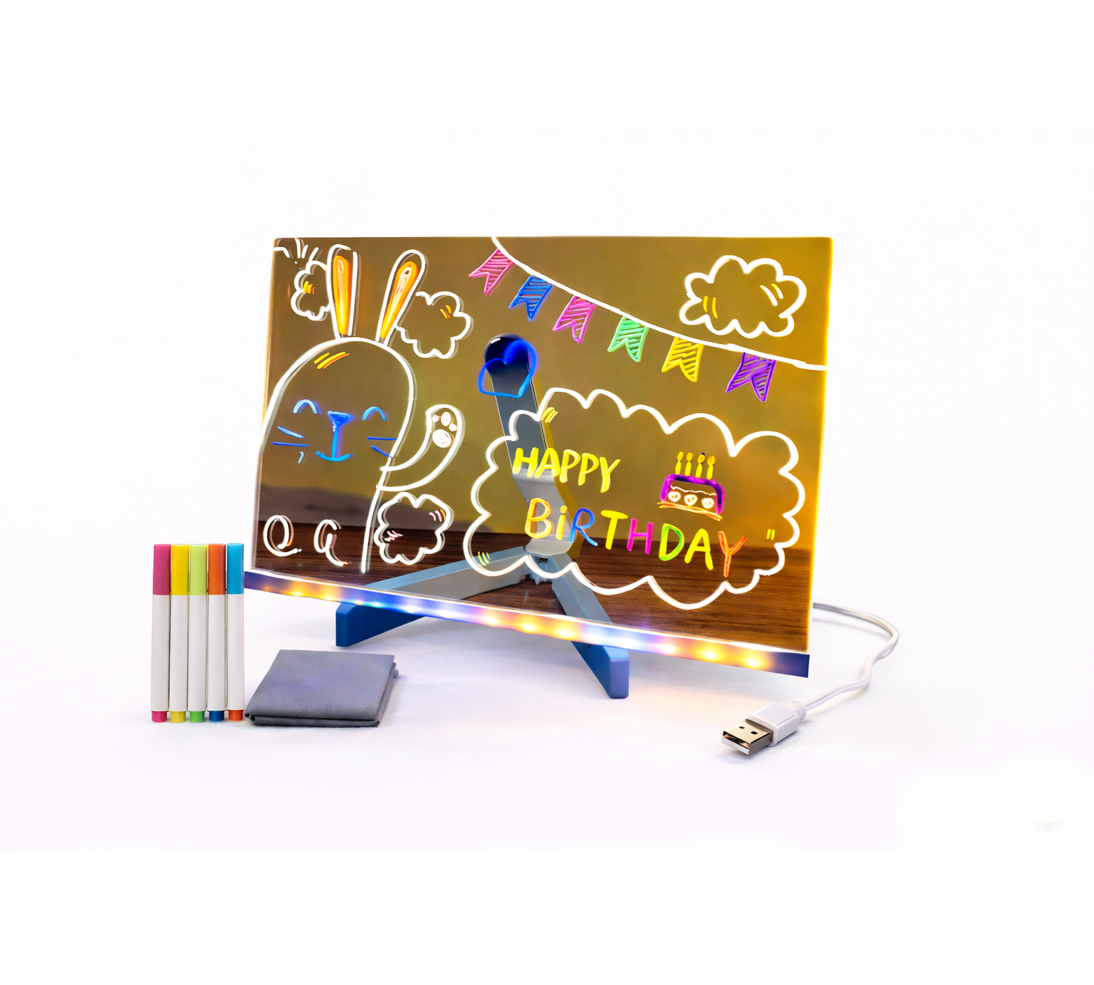 Tabla acrilica luminata LED, pentru desen si scriere, suport reglabil, 7 carioci colorate, laveta inclusa, alimentare USB, 30 x 20 cm, reutilizabila - Boomsale.ro