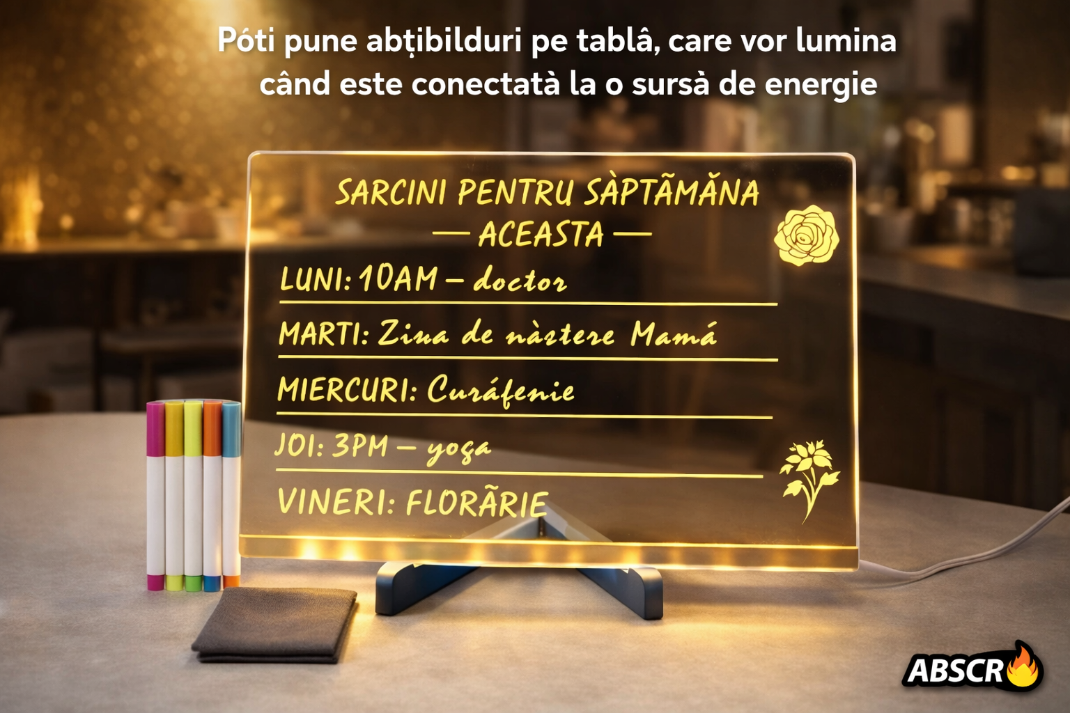 Tabla acrilica luminata LED, pentru desen si scriere, suport reglabil, 7 carioci colorate, laveta inclusa, alimentare USB, 30 x 20 cm, reutilizabila - Boomsale.ro