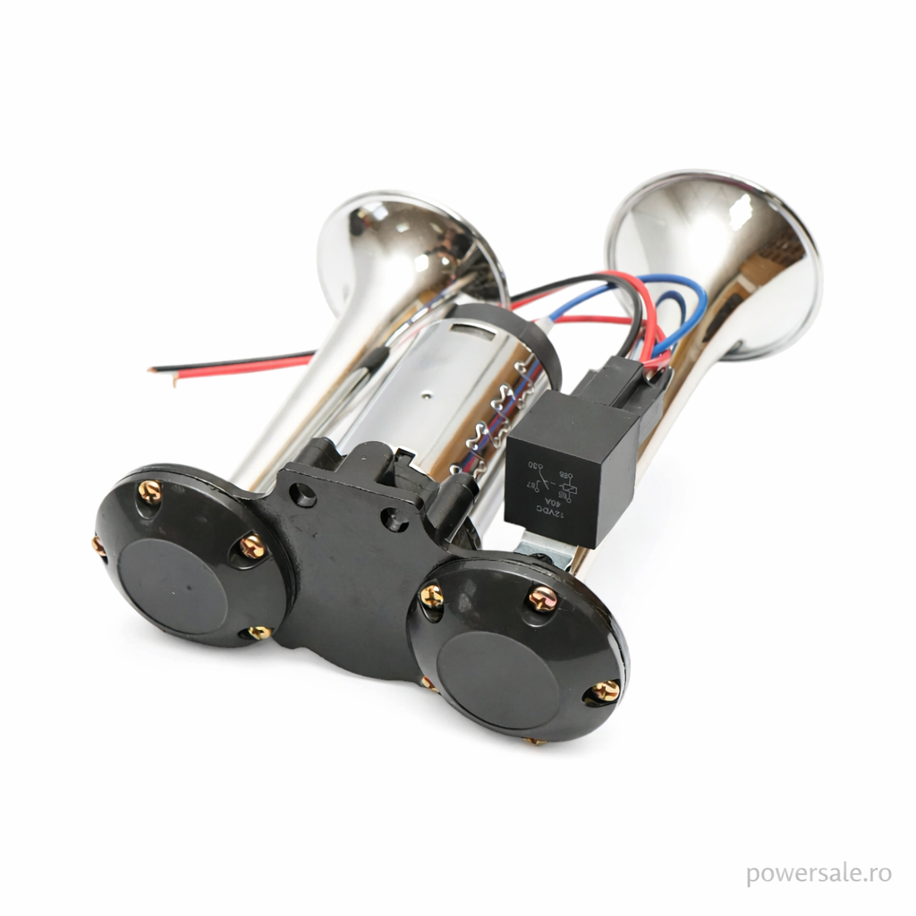 Claxon auto premium cromat cu doua goarne, compresor inclus, 12V - Boomsale.ro