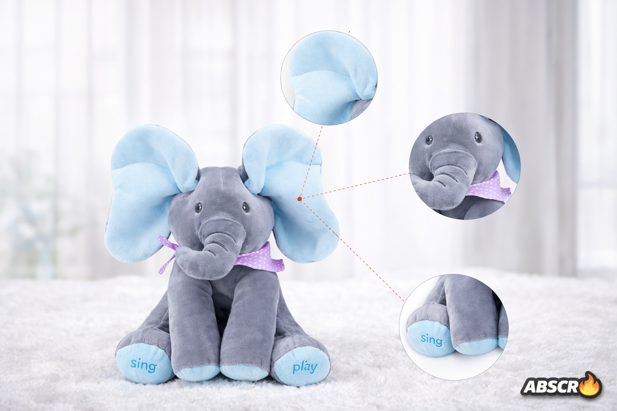 Jucarie de plus interactiva ABSCR Elefant Peek-a-Boo, canta si se joaca Cucu Bau, misca urechile, 2 moduri de joc, 33 x 16 cm, material moale, pentru copii - Boomsale.ro