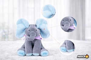 Jucarie de plus interactiva ABSCR Elefant Peek-a-Boo, canta si se joaca Cucu Bau, misca urechile, 2 moduri de joc, 33 x 16 cm, material moale, pentru copii - Boomsale.ro
