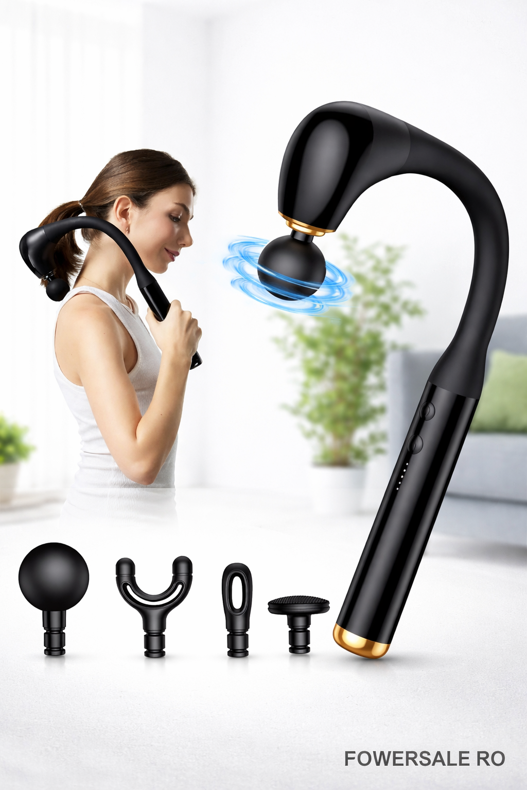 Aparat de Masaj Profesional Flexibil Forma L – 5 Viteze, 4 Capete Interchangeabile, USB-C, 10W – Masaj Muscular & Relaxare - Boomsale.ro