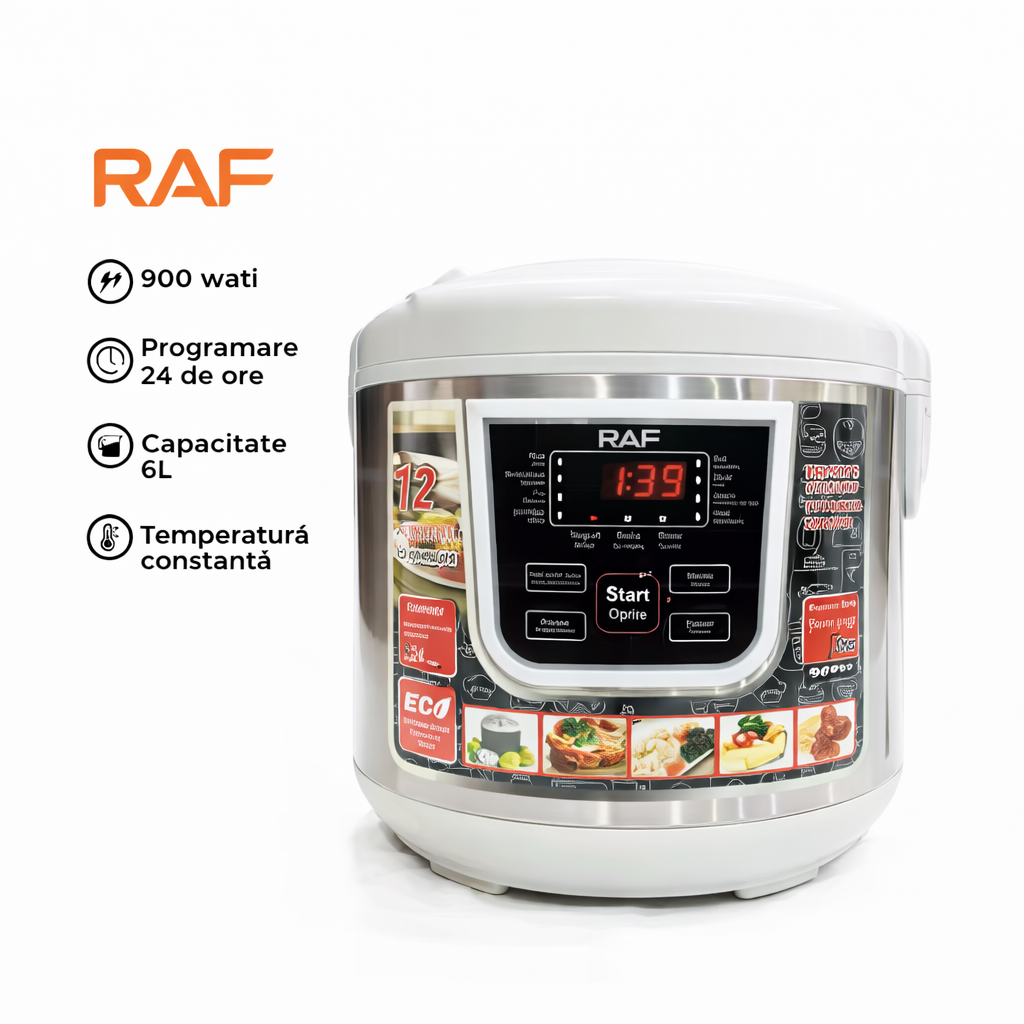 Oală multicooker RAF R166W 5L, 900W, 12 programe, afișaj digital, multifuncțională, alb - Boomsale.ro