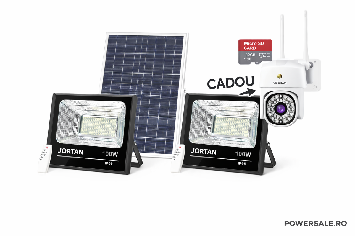 Set 2 Proiectoare Solare JORTAN 100W IP66 + CADOU Cameră Supraveghere Jortan 1080P WiFi cu Card 32GB Inclus - Boomsale.ro