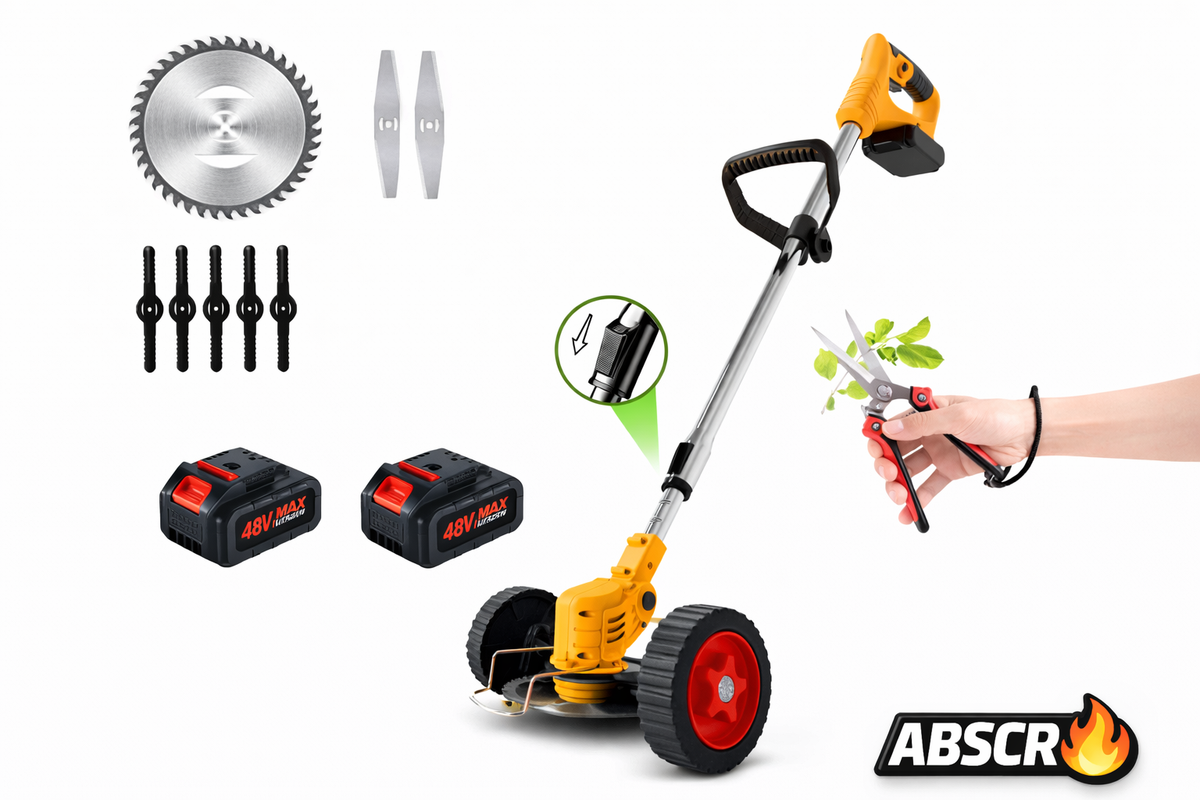 Motocoasă Electrică cu 2 Acumulatori 48V 4000 mAh, 18000 RPM, cu Roți Detasabile, Disc + 2 Lame + 5 Palete Incluse – Trimmer Profesional Iarbă și Buruieni - Boomsale.ro