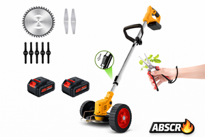 Motocoasă Electrică cu 2 Acumulatori 48V 4000 mAh, 18000 RPM, cu Roți Detasabile, Disc + 2 Lame + 5 Palete Incluse – Trimmer Profesional Iarbă și Buruieni - Boomsale.ro