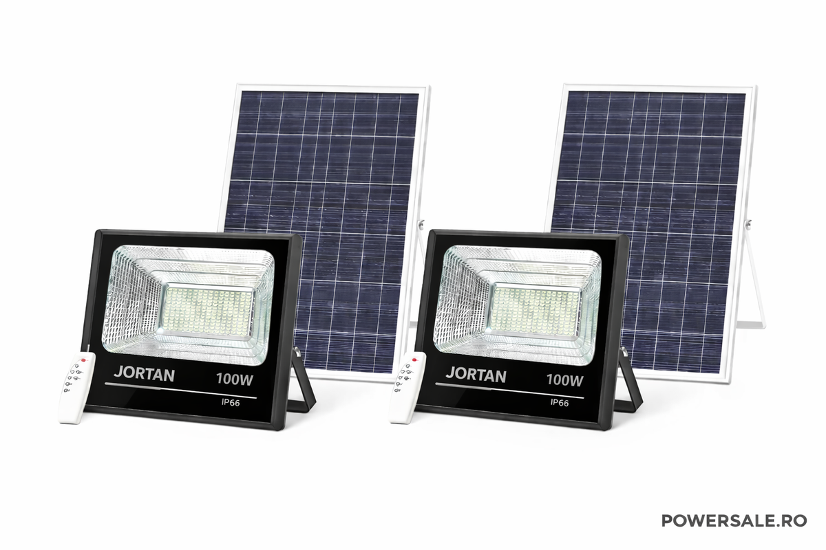 Set 2 Proiectoare Solare JORTAN 100W IP66 + CADOU Cameră Supraveghere Jortan 1080P WiFi cu Card 32GB Inclus - Boomsale.ro