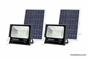 Set 2 Proiectoare Solare JORTAN 100W IP66 + CADOU Cameră Supraveghere Jortan 1080P WiFi cu Card 32GB Inclus - Boomsale.ro